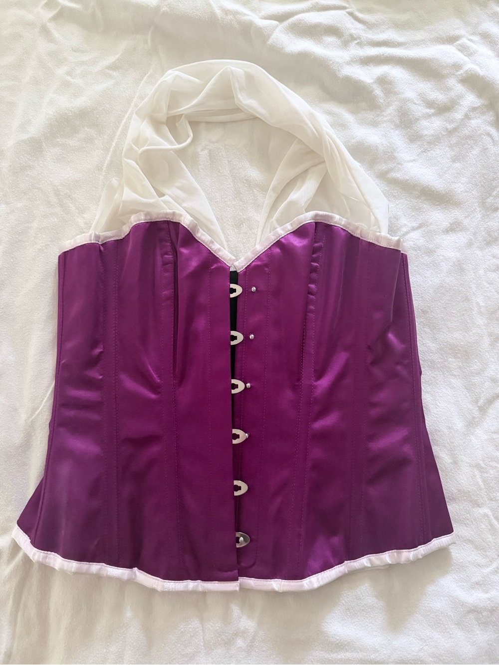 Purple Satin Halter Corset Bodysuit with White Trim